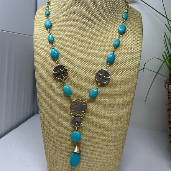 Chico's necklace turquoise howlite coin jewelry two sided gold silver tone - Picture 3 of 11